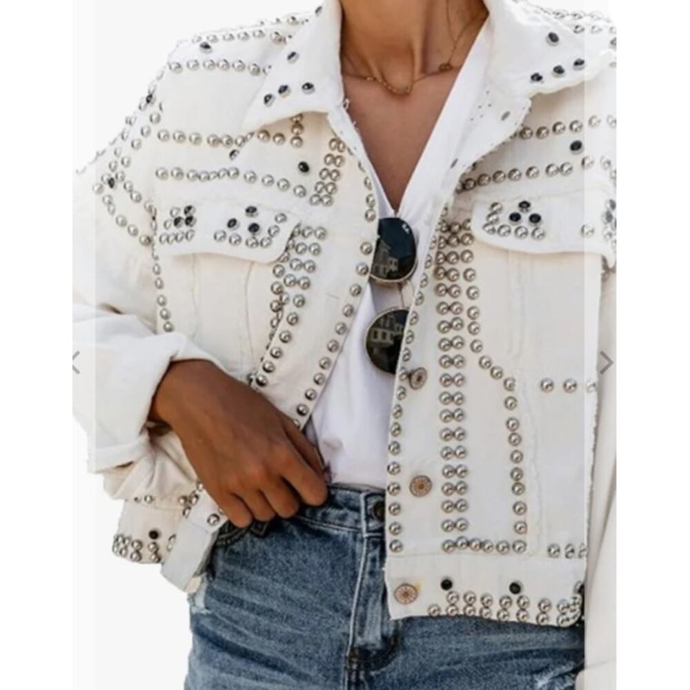 Before You With Love Olive Green Studded Bedazzled Crop Denim Jacket M 3859 - Picture 7 of 8